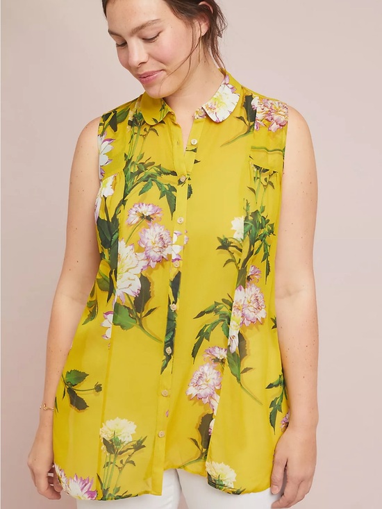 Anthropologie Tops - Anthropologie Mustard Yellow Floral Duchess Sleeveless Buttondown Top Size 6